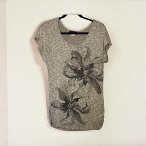 Y2K Agenda Top Women’s L Floral Rhinestone Embellished Heather Beige Ruched Retro