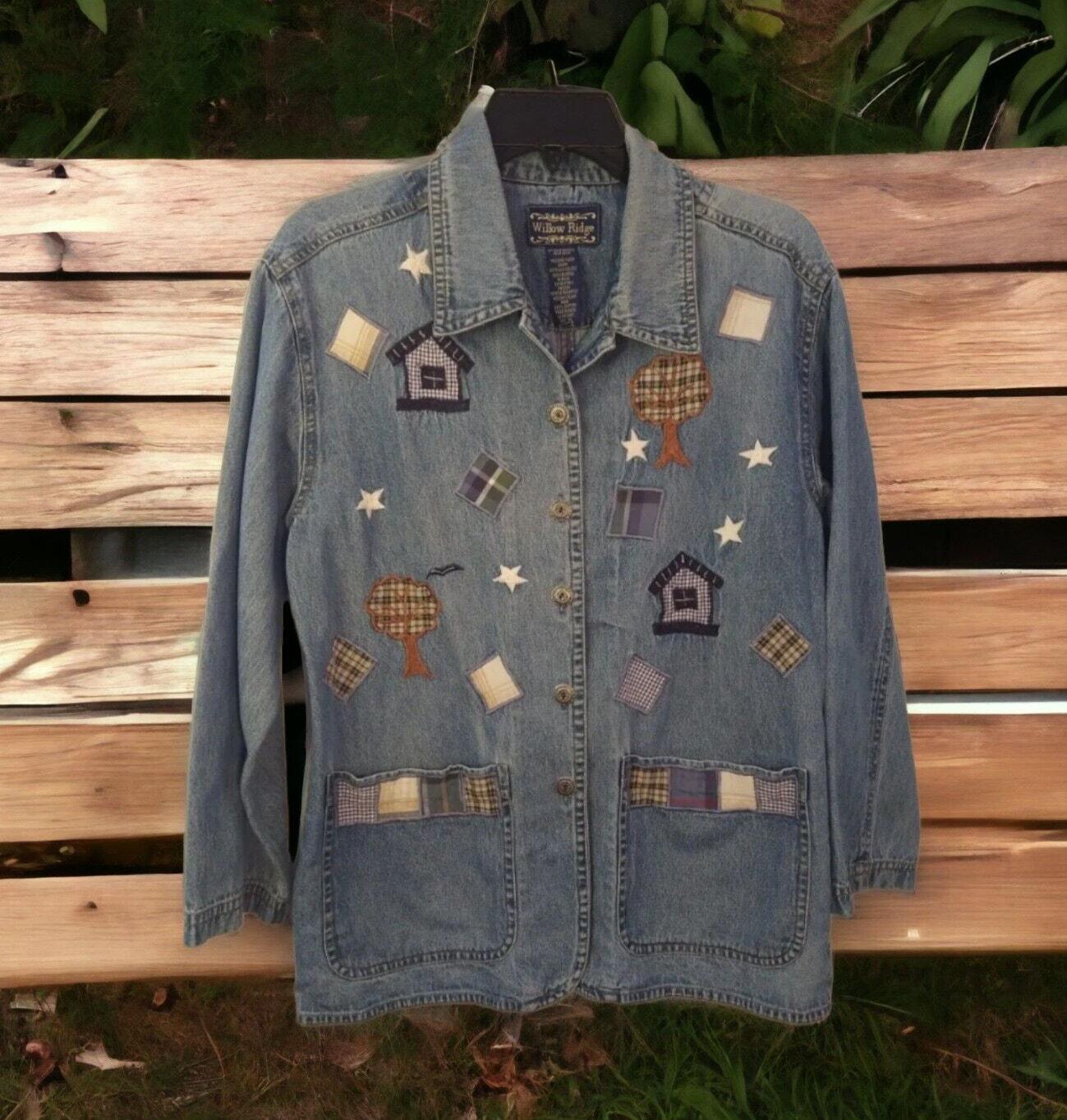 VTG Willow Ridge Denim Jacket Shirt Appliqué Embroidered Button Front Petite PS