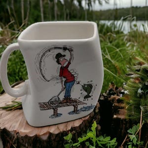 VTG 1992 Fly Fishing Cartoon Mug “The Results of Over Cast” Square Twist Ceramic
