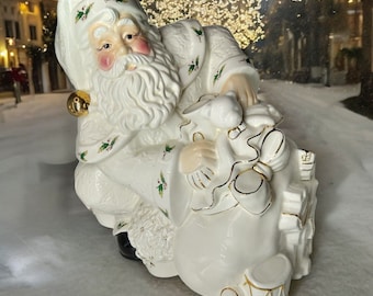 Holly Holiday Vtg Ceramic Santa Claus Bag Of Toys Large Cookie Jar Holly Trim