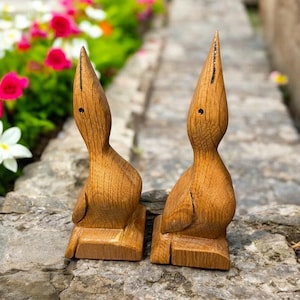 Vintage Hand Carved Wooden Egret Bird Sculptures – Pair of 7&quot; Mid-Century Figurines