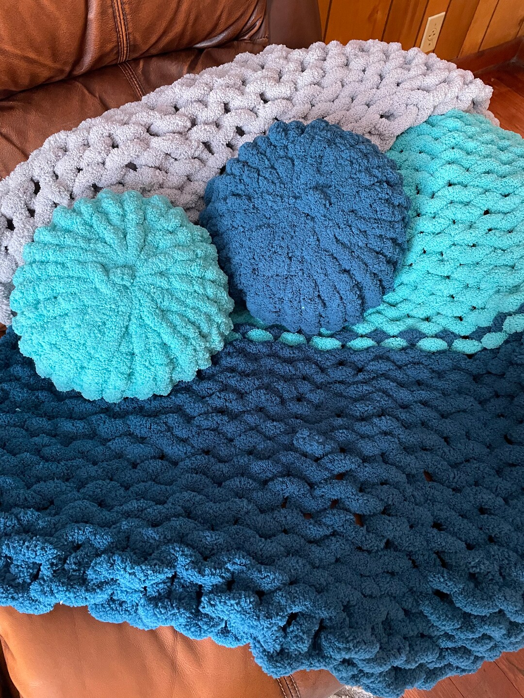 Three Colored Hand Knitted Blanket Etsy