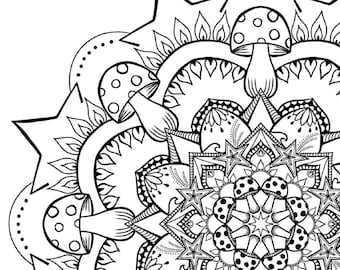 Unique hand drawn mushrooms sun & waves mandala coloring page, trippy nature inspired very detailed paisley, stress relief relaxing activity