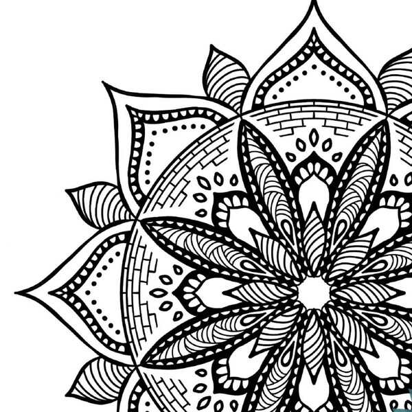 Unique hand drawn geometric flower mandala coloring page for adults, trippy detailed vortex, adult ADHD hyper focus idea, small motor skills