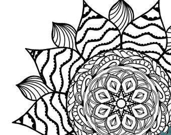 Unique hand drawn mandala coloring page, sunflower, page to color, sacred geometry download & print, stress tension relief, adult coloring