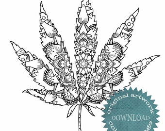 Cool hand drawn cannabis leaf with mushrooms mandala, line drawn pot leaf, adult coloring page for stress relief, high quality PDF drawings