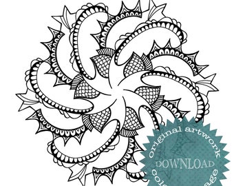 Hand Drawn mandala coloring page, spiky scaly colouring sheets for adults, abstract detailed unique relaxing anti stress activity, PDF fun