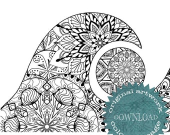 Unique hand drawn ocean wave and full moon mandala coloring page, sacred geometry, nature inspired stress relieving activity, relax draw art
