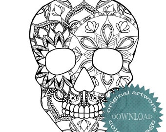 Sugar skull mandala coloring page, colouring sheets for adults, abstract detailed unique relaxing anti stress activity boho wall art project