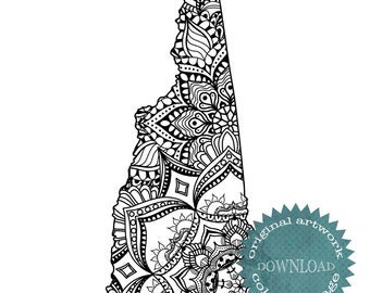 Unique hand drawn New Hampshire Map mandala coloring page, sacred geometry, nature inspired very detailed relaxing stress self care activity