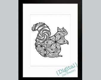 Print color & frame this black and white hand drawn squirrel mandala printable wall art, instant digital download affordable home decorating