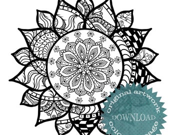 Unique hand drawn sunflower mandala coloring page, sacred geometry, nature inspired, sunflower, relaxing stress reliever, self care activity