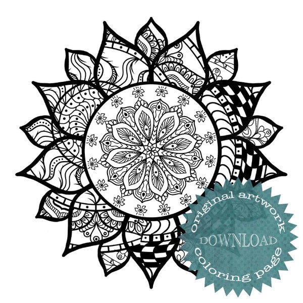 Unique hand drawn sunflower mandala coloring page, sacred geometry, nature inspired, sunflower, relaxing stress reliever, self care activity