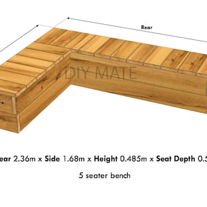 PDF DIY-plan - Digital nedladdning - Stor trädgårdsbänk i trä - L-formad 5-sits - 2,36 m x 1,68 m x 0,485 m x Sittdjup 0,5 m
