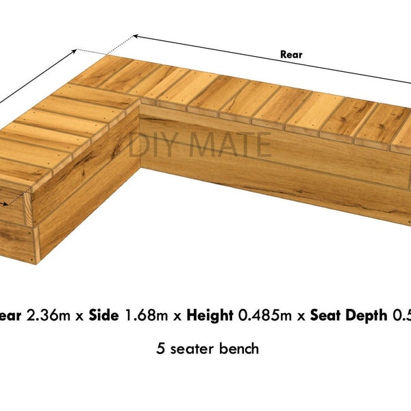 Plan de bricolage PDF - Grand banc de jardin en bois - 5 places en forme de L - 2,36 m x 1,68 m x 0,485 m x profondeur d'assise 0,5 m - Autres tailles disponibles