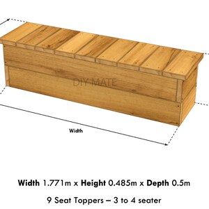 3 Seater Wooden Garden Bench - DIY PDF Plan - Digital Download - W 1.77m x H 0.485m x D 0.5m - 9 Seat Toppers - Other sizes available