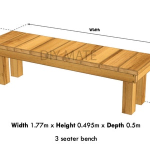 Puede incluir: Un banco de madera con acabado natural. El banco mide 1,77 metros de ancho, 0,495 metros de alto y 0,5 metros de profundidad. Es un banco de 3 plazas.