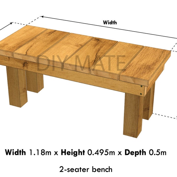 PDF DIY Plan - Large Wooden Garden Bench - 2 Seater - 1.18m x 0.495m x 0.5m - Other sizes available