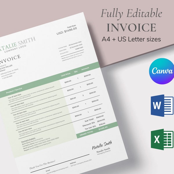 Invoice Template, Invoice Excel Word, Excel Invoice, Word Invoice, Canva Invoice, Business Invoice Template, Invoice Template Download