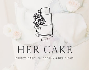 May include: A black and white illustration of a three-tier wedding cake with floral accents. The text "HER CAKE" is below the cake, and the text "BRIDE'S CAKE // DREAMY & DELICIOUS" is below that.