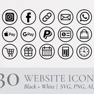 May include: A set of 15 black and white website icons in a circular shape. The icons include social media platforms, payment methods, shopping cart, gift box, calendar, calculator, and clock.