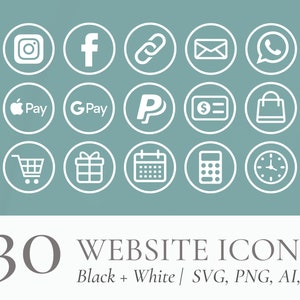 以下が含まれることがあります： ソーシャルメディア、支払い、ショッピングのシンボルを含む、円形のフレームに入った15個の白いウェブサイトアイコンのコレクション。「130 WEBSITE ICONS」のテキストが下に表示され、「Black + White / SVG, PNG, AI, EPS」が下に表示されています。