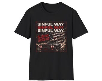 Sinful Way T-shirt met print | Bloedende benzine, ontwerp vintage auto met vlag