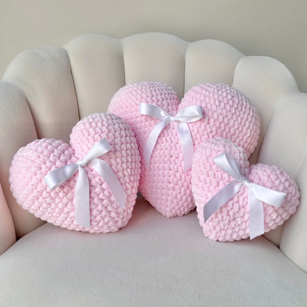 SIZE SMALL | Fuzzy Heart Shaped Crochet Plush Pillow With Bow