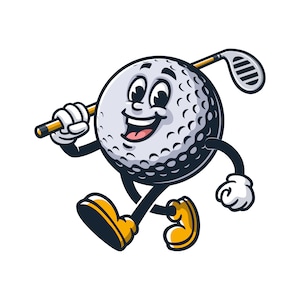 Walking Golf Ball holding a stick, cartoon mascot illustration character vector Clip art Hand drawn logo Design