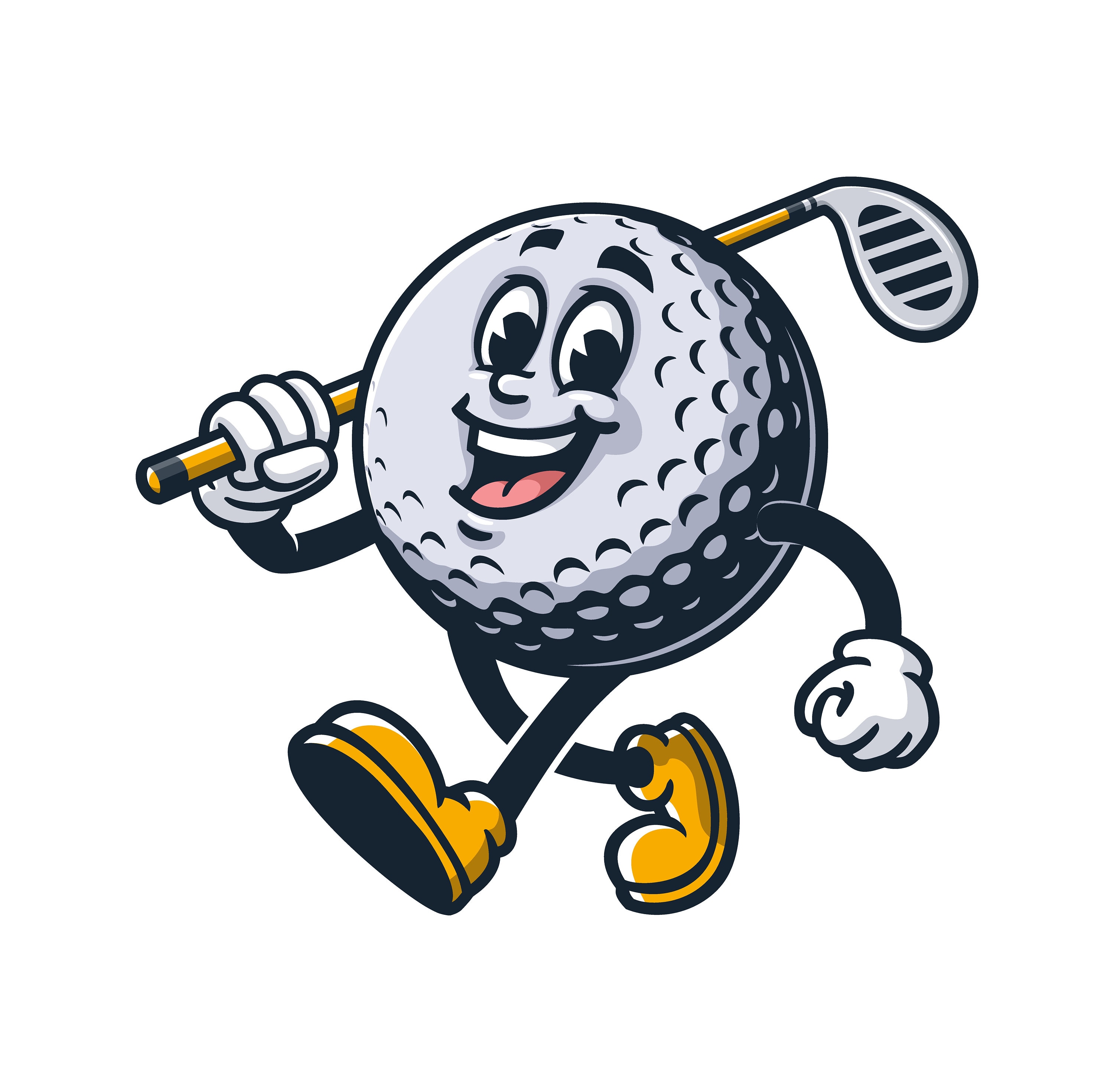 Walking Golf Ball holding a stick, cartoon mascot illustration character vector Clip art Hand drawn logo Design