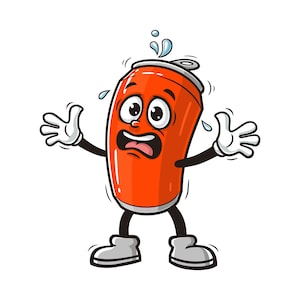 May include: A cartoon illustration of a red aluminum can with a white lid and a surprised expression. The can has arms and legs and is wearing white gloves. The can is sweating and has a few drops of water on its body.