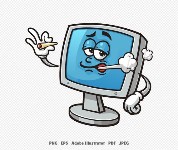 cigarette computer Smoking Computer Monitor Cartoon Mascot Illustration Character Vector  Clip-art Hand-drawn Logo Design