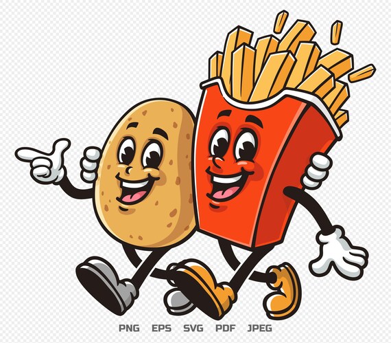 一緒に歩く漫画のポテトとフライドポテト、マスコット、イラスト