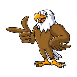 Adelaar met wijzende vinger pose, cartoon mascotte illustratie karakter vector illustraties handgetekende logo ontwerp