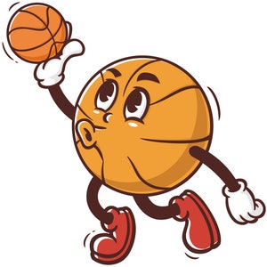 May include: A cartoon basketball with a face and arms is holding a basketball and running. The basketball is orange with black lines and the character has red shoes.