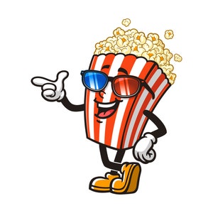 Popcorn mit 3D-Kino Brille, Film, Optik, Cartoon Maskottchen Illustration Charakter Vektor Clip-art Handgezeichnet Logo Design