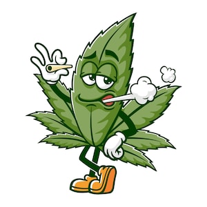 Cannabis wiet marihuanablad bedwelmd hoog stripfiguur mascotte illustratie ontwerp