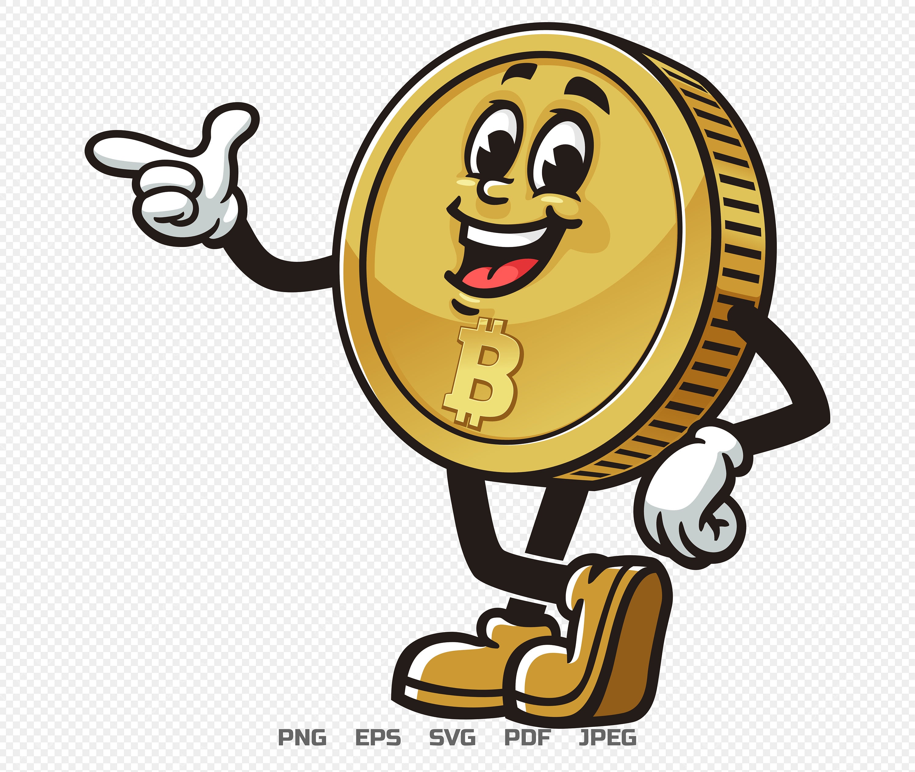 ビットコイン、暗号通貨の漫画マスコットイラストキャラクターベクタークリップアート手描きロゴデザイン