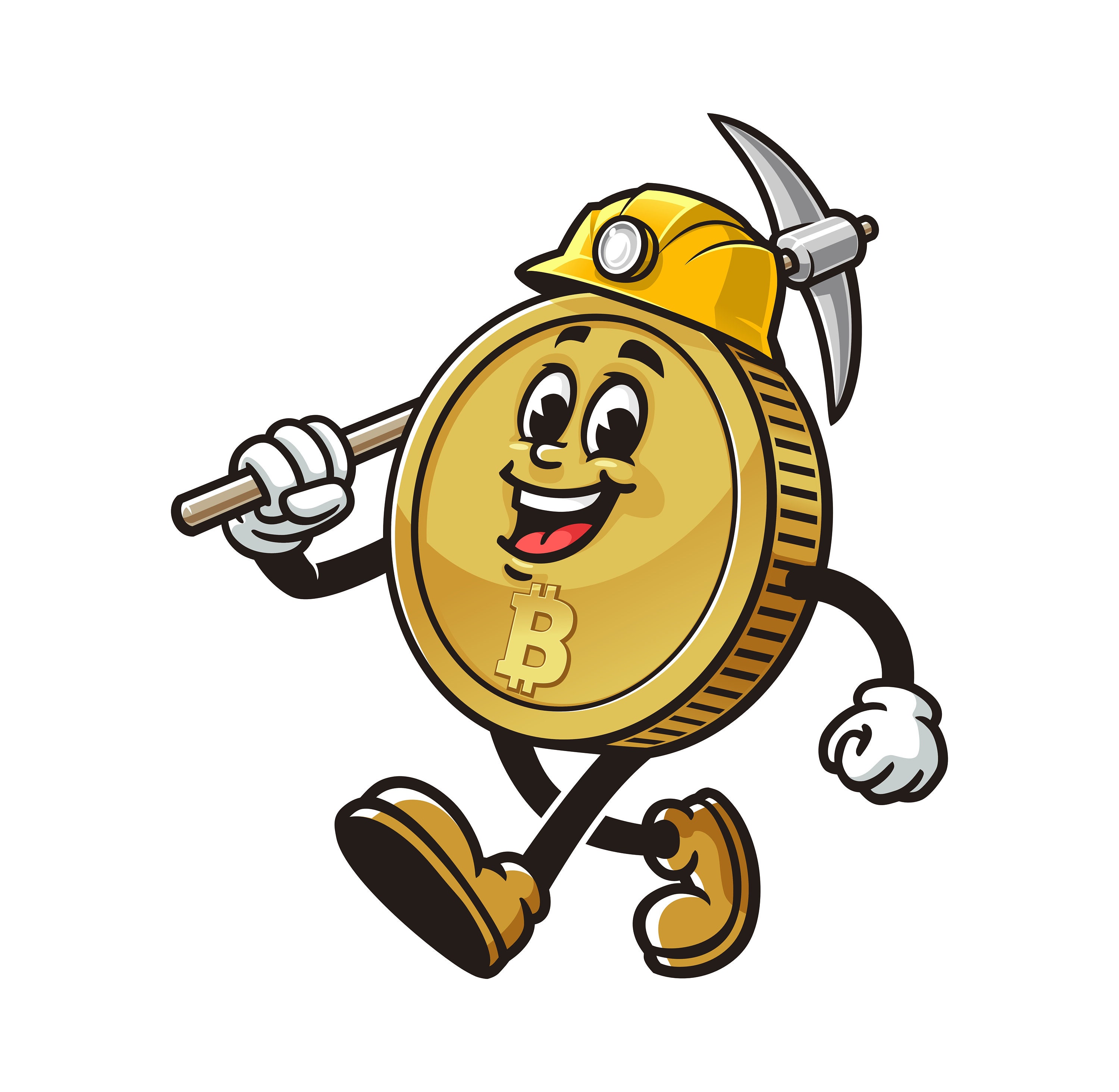 Bitcoin with miner style and wearing miner hat, Cryptocurrency cartoon  mascot illustration character vector clip-art hand-drawn logo Design