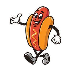 Walking Hot dog cartoon mascot illustration character vector clip-art hand-drawn logo design