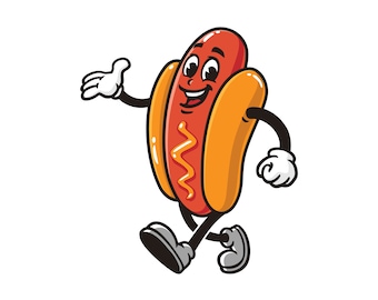 Walking Hot dog cartoon mascot illustration character vector clip-art hand-drawn logo design
