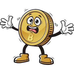 Könnte beinhalten: Cartoon-Illustration einer goldenen Bitcoin-Münze mit einem ängstlichen Gesichtsausdruck. Die Münze hat ein Gesicht mit großen Augen, offenem Mund und Schweißtropfen. Sie hat Arme mit weißen Handschuhen und trägt goldene Stiefel.