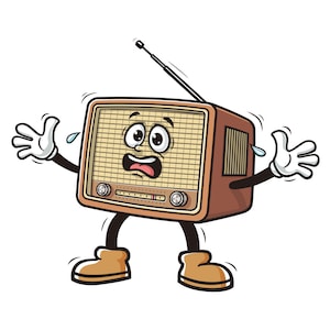 Pode incluir: Uma ilustração de desenho animado de um rádio vintage com uma expressão preocupada. O rádio tem um gabinete de madeira marrom, um dial branco e uma antena preta. O rádio tem braços e pernas e está usando sapatos marrons.