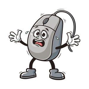 Könnte beinhalten: Eine Cartoon-Illustration einer grauen Computermaus mit einem verängstigten Gesichtsausdruck. Die Maus hat große Augen, einen weit geöffneten Mund und schwitzt. Sie hat zwei Arme und Beine und trägt weiße Handschuhe. Die Maus steht auf einem weißen Hintergrund.
