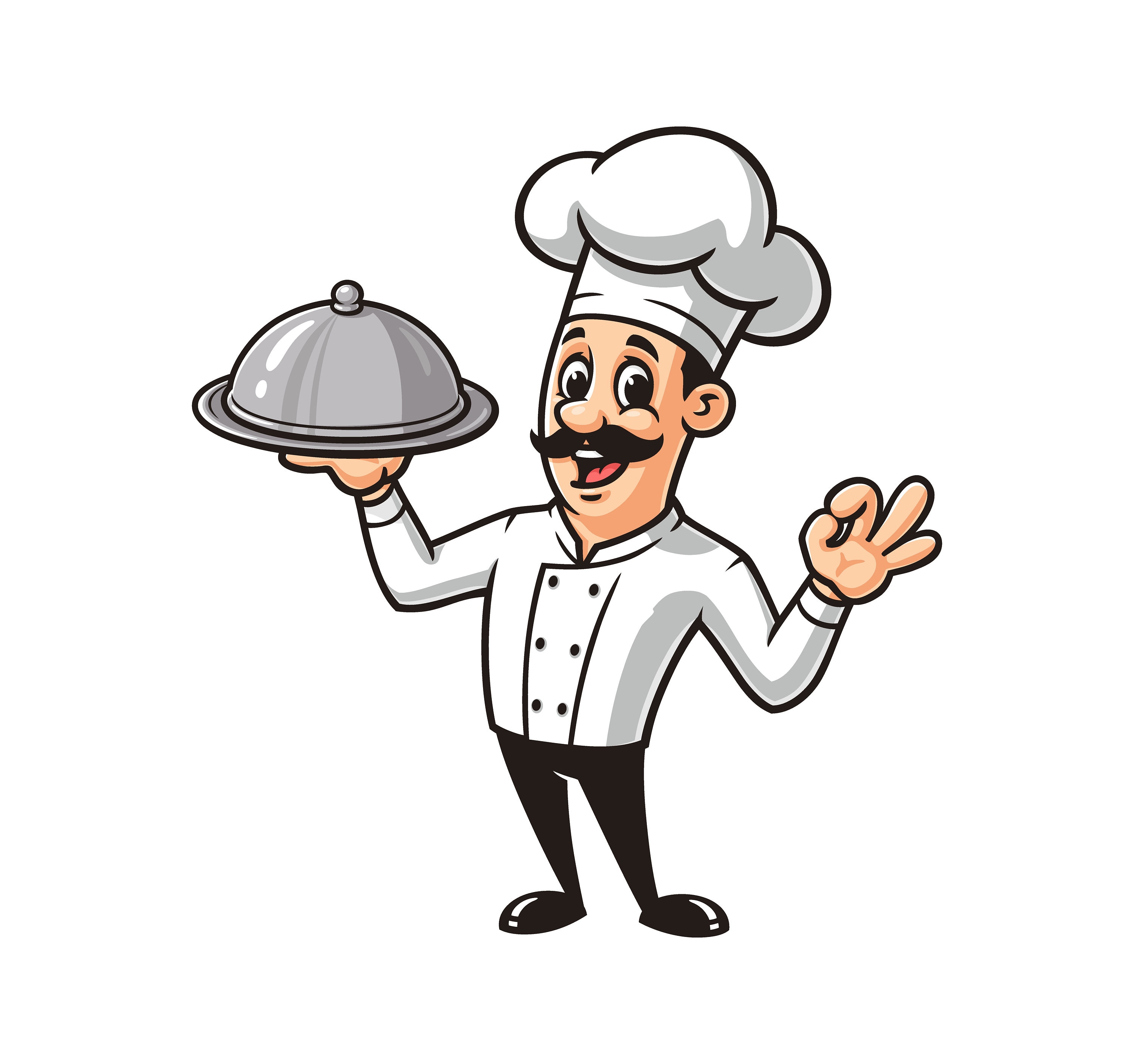 Chef with mustache, cartoon mascot illustration character vector logo clip art hand drawn design