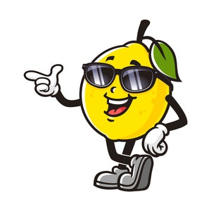 Zitrone trägt Sonnenbrille, Zitrone Cartoon Maskottchen Illustration Charakter Vektor Clip-Art Handgezeichnet Logo Design