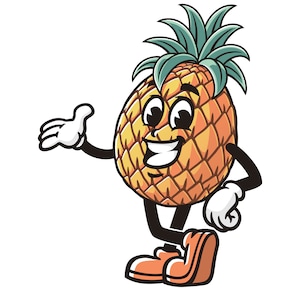 Puede incluir: Un personaje de dibujos animados de piña con una cara sonriente, que lleva zapatos naranjas y guantes blancos, y gesticula con el brazo. La piña tiene un cuerpo texturizado amarillo y naranja y hojas verdes en la parte superior. El fondo es blanco.
