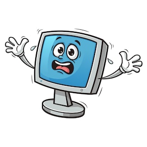 May include: A cartoon illustration of a computer monitor with a blue screen and a surprised expression. The monitor has white arms and hands, and is sweating.