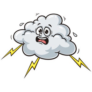 Peut inclure: Une illustration de dessin animé d'un nuage gris avec une expression effrayée, avec deux éclairs jaunes frappant de chaque côté.
