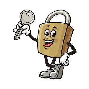 Padlock is holding the key, Padlock cartoon mascot illustration character vector clip-art hand-drawn logo Design